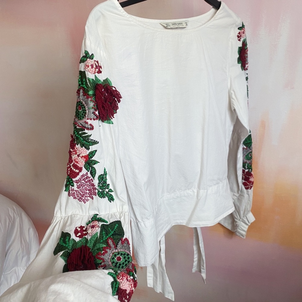 Zara White Floral Embroidered Tie Top